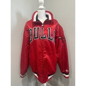 Chicago Bulls Vintage 80s STARTER Satin Bomber Jacket NBA Red Black Large USA